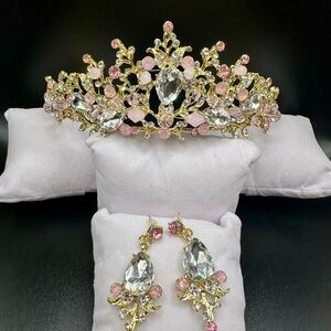 Elegant Gold and Pink Tiara and Earring Set
